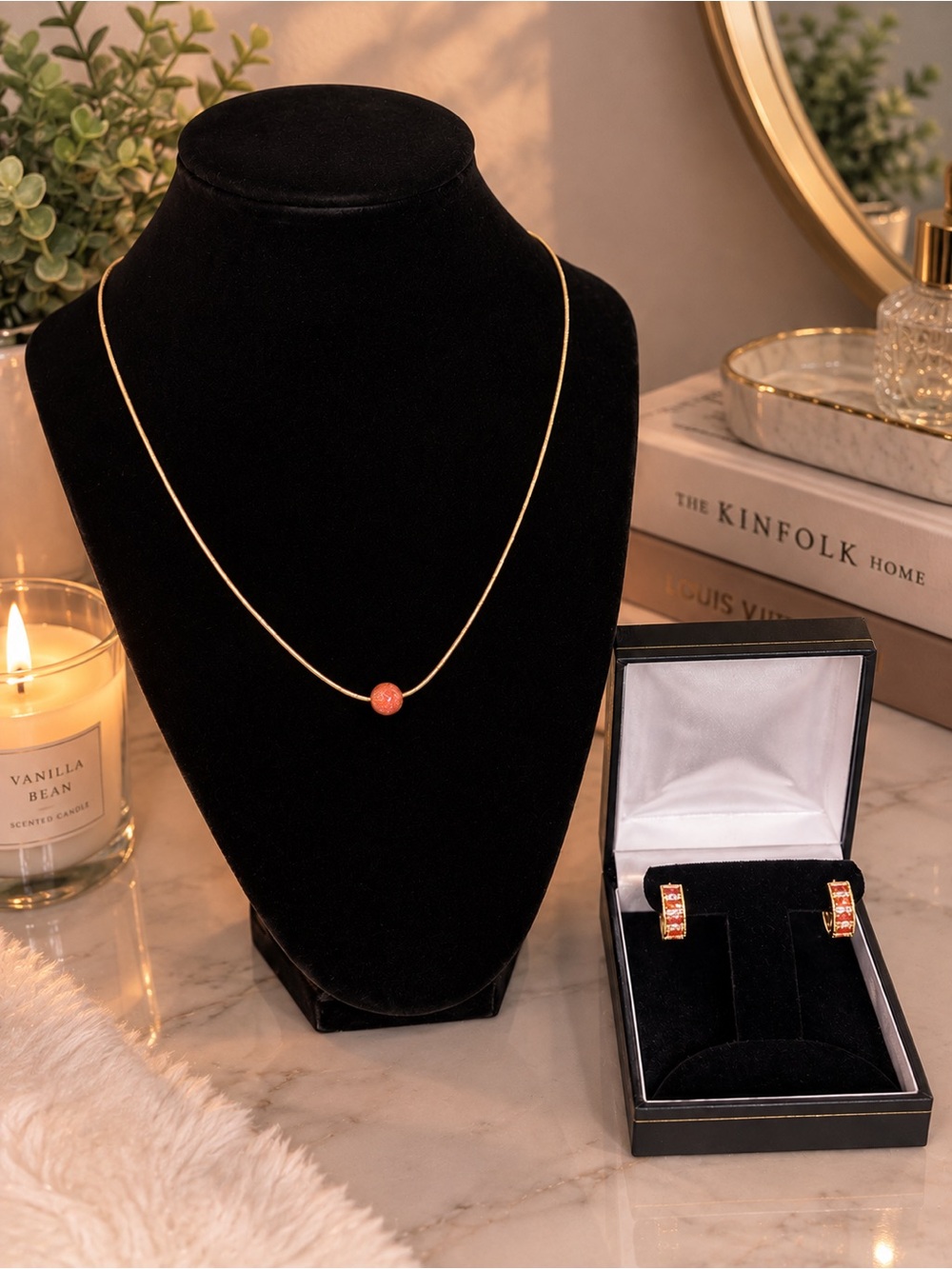 Aventurine Gold-Tone Necklace and Xuping Hoop Earrings Set